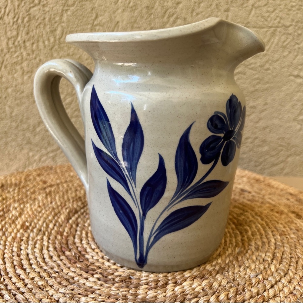 NEW Williamsburg pottery salt glazed cobalt blue leaf floral pitcher jug 6” tall - Picture 1 of 7